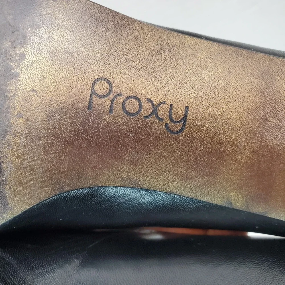PROXY Black Leather Square Toe Block Heel Pumps Women Size 7.5 Made in Spain
